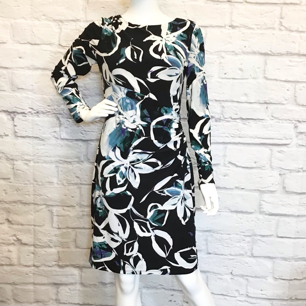 Ralph Lauren 8 LRL Stretchy Ruched Black Floral Long Sleeve Dress Knee Length - Picture 2 of 13